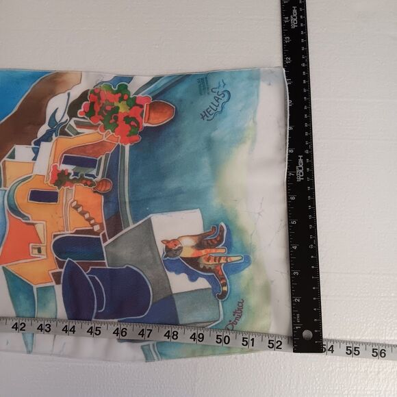 Ifasma Scarf Made In Greece Greek Village Kos Isles Cat Azure Design Rectangle - Picture 9 of 10